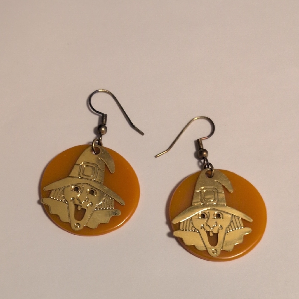 Halloween Orange With Gold Witch Earrings